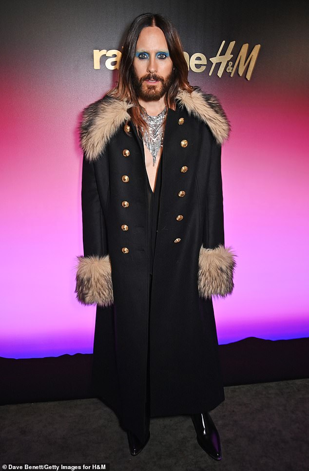 Completed: Leto completed his look with black pants and black boots for his red carpet appearance on Monday night