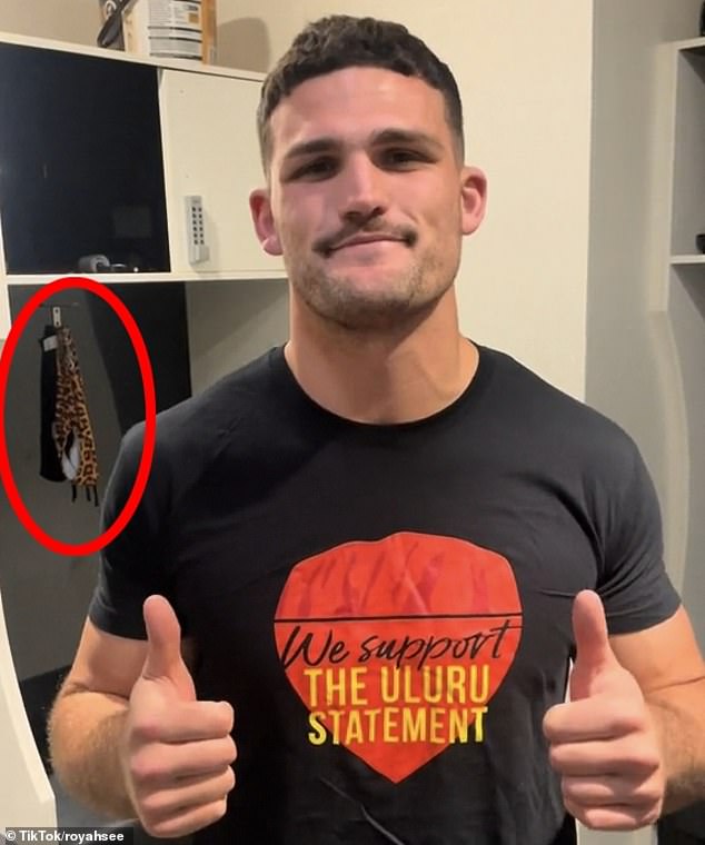 Eagle-eyed Aussies spotted the three-time premiership winner backing the 'Yes' vote as he posed in front of a pair of leopard print underwear