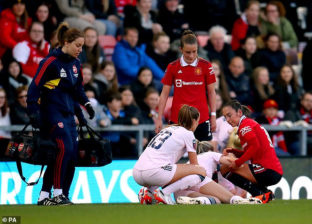 Earlier this year, Lioness captain and Arsenal defender Leah Williamson also joined fellow Lioness and Arsenal forward Beth Mead in missing the World Cup after both damaged their cruciate ligaments.  Pictured is Leah Williamson after suffering a cruciate ligament injury in April