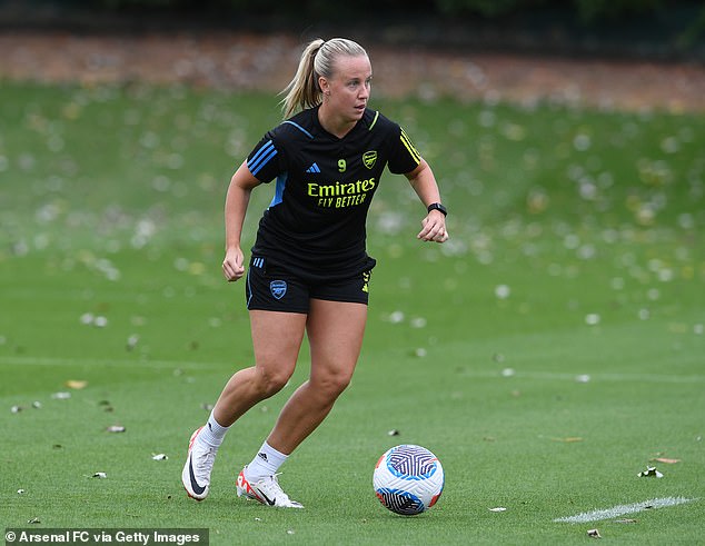 Football-focused studies have shown that women are six times more likely to suffer ACL injuries than men, and are 25 percent less likely to return after recovery.  Beth Mead is pictured back training in September after missing the World Cup due to a cruciate ligament injury