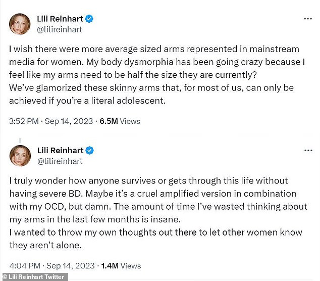 Lili tweeted on September 14: “I wish there were more average sized guns represented in mainstream media for women.  My body dysmorphia has gone crazy because I feel like my arms should be half the size they currently are?  We have glorified these skinny arms that for most of us can only be achieved when you are literally an adolescent.”