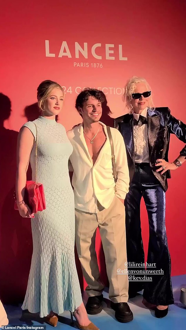 'Lancel Pool Club': Lili proudly posed at the fashion event alongside Emily in Paris, actor Kevin Dias (M) and German photographer Ellen von Unwerth (R)