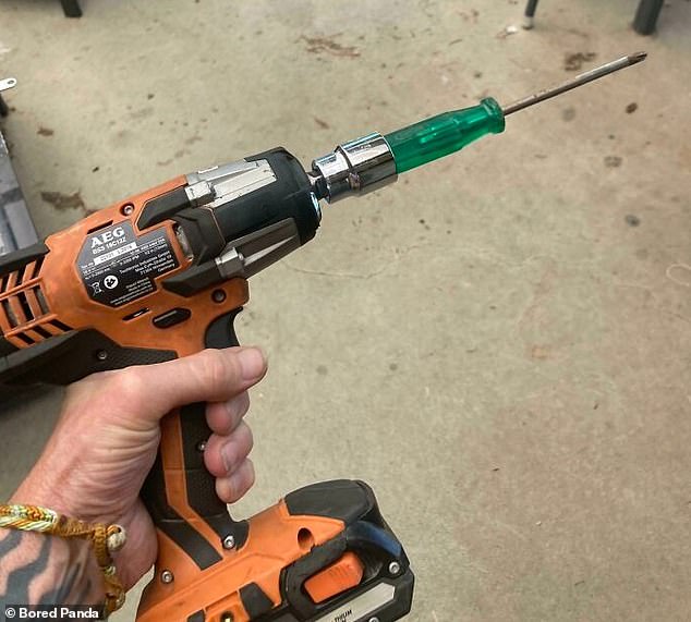 Screwed!  Bored Panda has collected photos from around the world that show people's shocking attempts to repair (and sometimes break) household items (Image: Who needs an electric screwdriver when you have a screwdriver at home?)