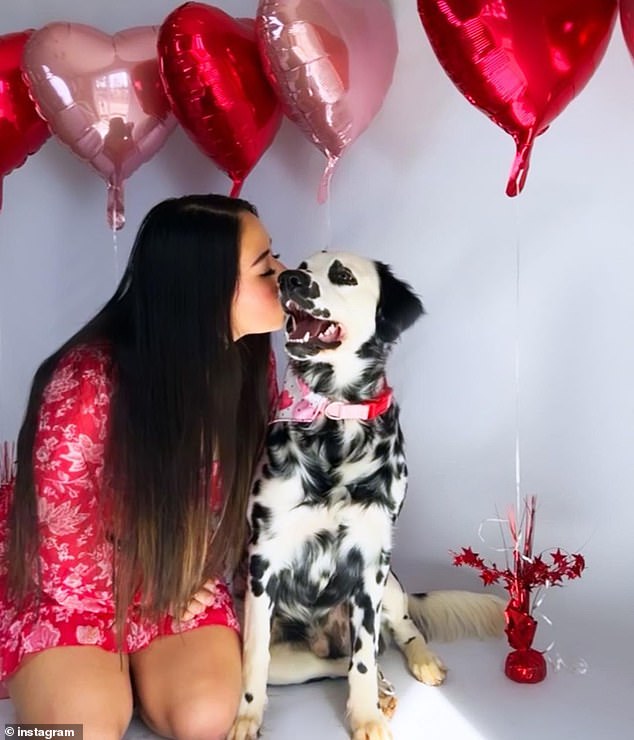 Sandra enjoys celebrating the holidays with Ryder.  The photo shows her giving him a big kiss for Valentine's Day