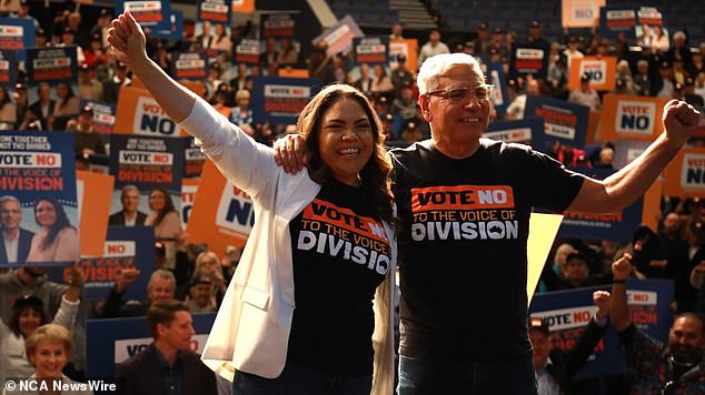 Jacinta Nampijinpa Price and Warren Mundine (right) spoke to hundreds of 'No' supporters at the Fair Australia event in Perth