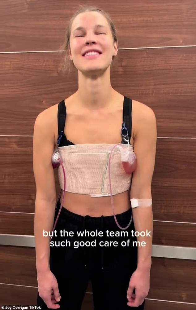 Loopy: 'I'm beyond grateful, wow,' she said with ace bandages around her chest, 'no more boobs,' she added after her surgery earlier this year