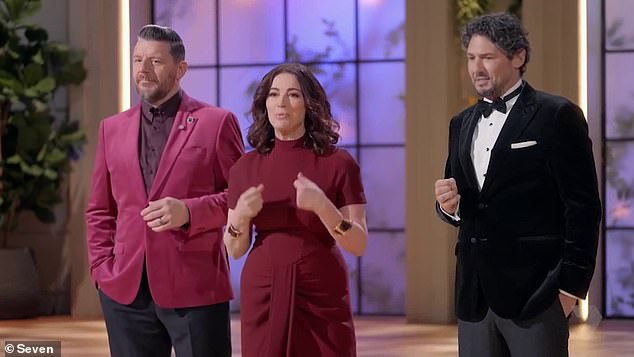 Tensions ran high during the nerve-wracking episode in which the judges tasked the teams with preparing a four-course meal for 100 people.  Pictured L - R: Judges Manu Feildel, Nigella Lawson and Colin Fassnidge