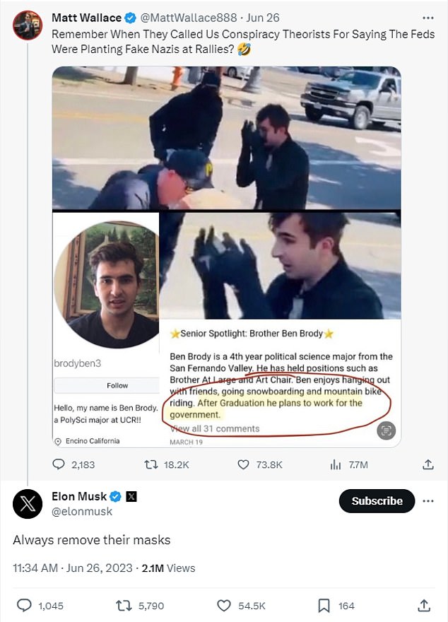 Musk accused Brody of being a federal agent posing as a neo-Nazi