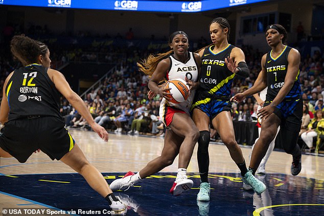 Aces guard Jackie Young drives to the basket against Dallas forward Satou Sabally