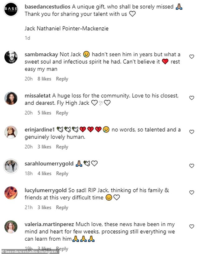 Touching: Friends, family and people from Base Dance Studios, where he taught, all flocked to Instagram to pay their respects