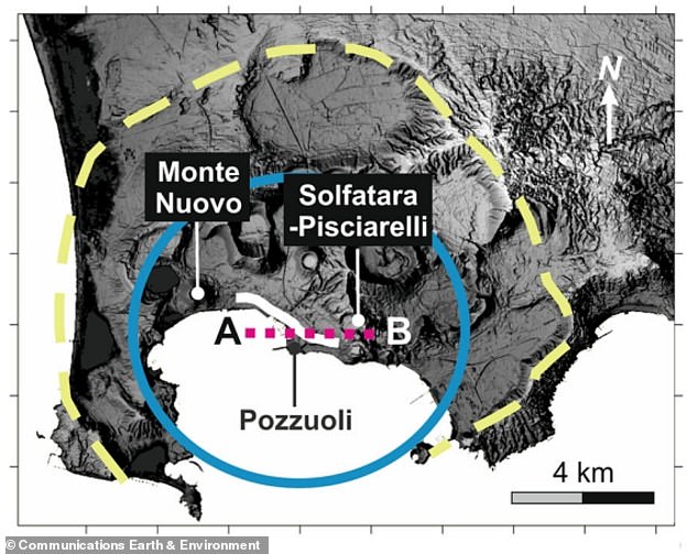 About 12 to 15 km wide, Campi Flegrei is the largest active caldera in Europe, stretching west from the outskirts of Naples to the Tyrrhenian Sea.  About a third lies partly beneath the Bay of Pozzuoli;  More than 360,000 people live in the remaining two-thirds.  The caldera is marked by the yellow dotted line;  Ground movement has occurred in the central area highlighted in blue