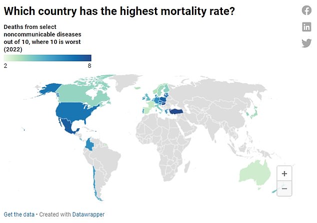 This map shows mortality rates by country in the OECD.  It showed that Turkey ranked first, followed by Hungary, Slovakia and Mexico