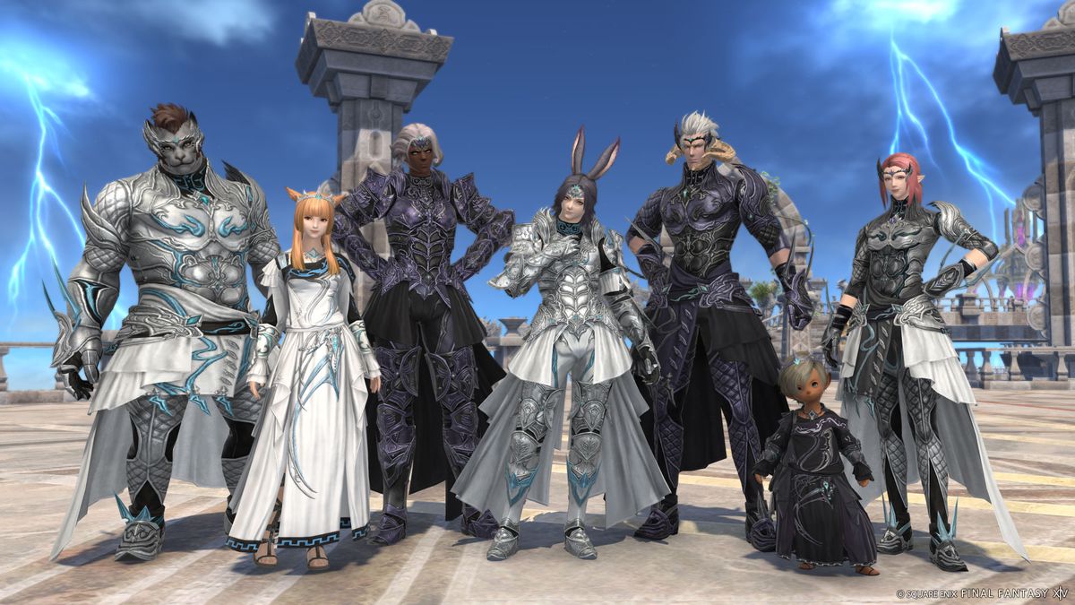 Several different characters from Final Fantasy 14 come together in silver, white, and dark purple armor from the Thaleia raid.