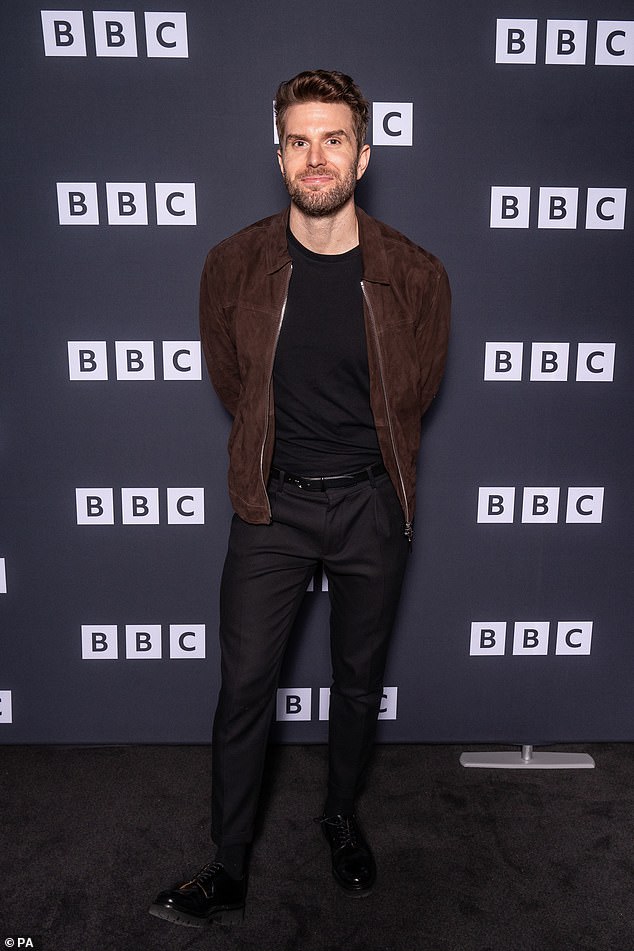 Presenter: Vick was joined at the event by Joel Dommet, the show's host, who wore a brown suede bomber jacket and black trousers.