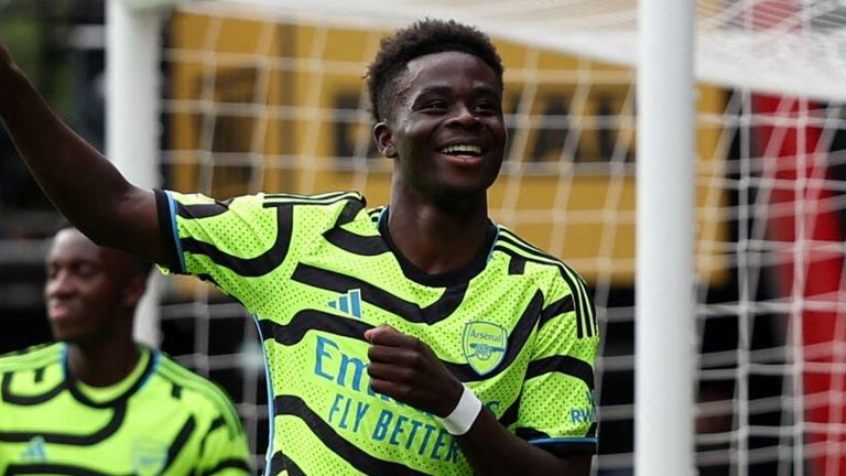 Buyako Saka celebrates after putting Arsenal ahead at Bournemouth