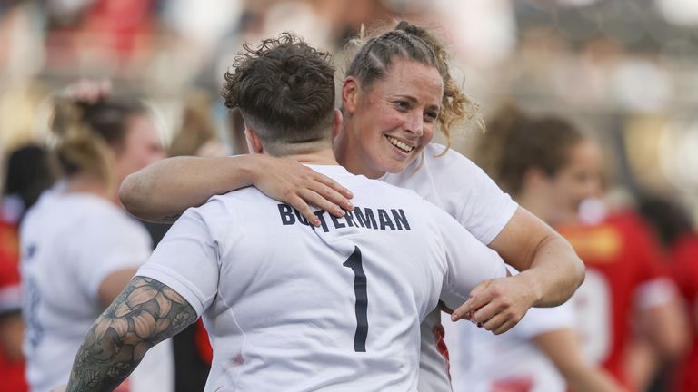 England's Amber Reed celebrates with Hannah Botterman at the end of the second test