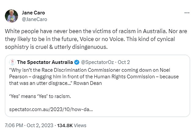 Ms Caro was responding to comments from Sky News presenter Rowan Dean who was critical of a speech by Yes campaigner Noel Pearson (pictured)