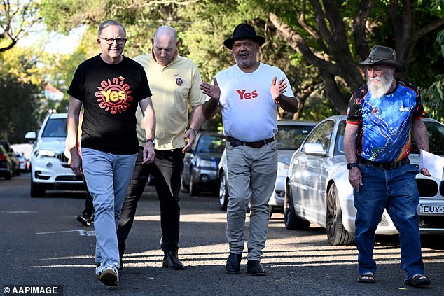 Prime Minister Anthony Albanese (pictured far left with Noel Pearson (centre)) urged Yes and No supporters to remain respectful during the Voice referendum debate