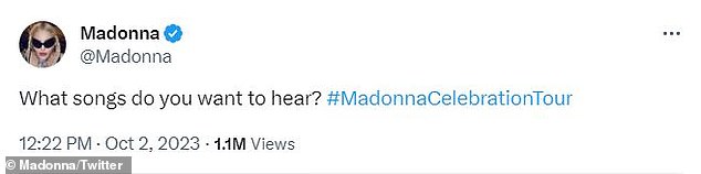 On Monday, the self-made superstar – who has 32.8 million social media followers – asked for song requests for the Celebration Tour: 