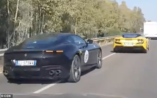 The video shows a line of colorful sports cars making their way through southern Sardinia