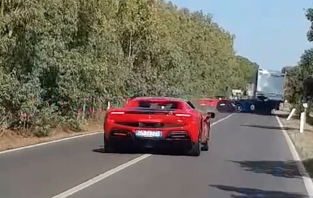 The Ferrari connects with the Lamborghini, which causes the crash