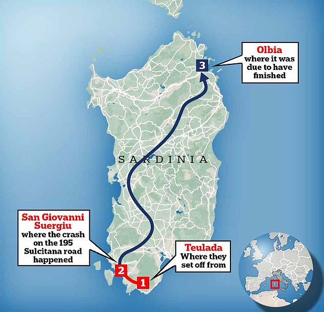 The supercars drove on national road 195 Sulcitana in the municipality of San Giovanni Suergiu in southern Sardinia