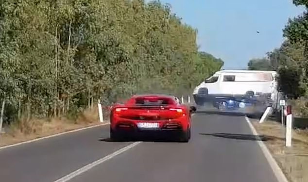 Footage shows the Lamborghini crashing into the camper after the red Ferrari hit it