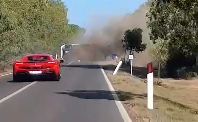 The camper then tips over, leaving behind a cloud of dust and smoke