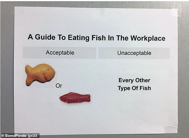 Fishing company!  One person has taken it upon himself to advise others on what kind of fish to eat in the office, and there isn't much choice