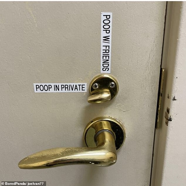 A handy sign has been placed on the office toilet to direct others to a confusing slot, telling employees how to 'poo in private'