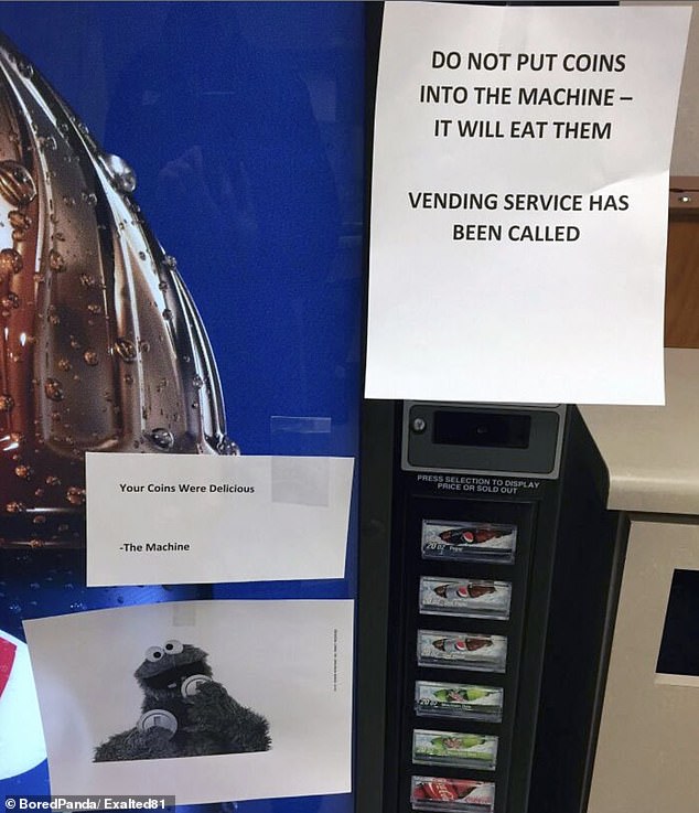 In one office, the vending machine is out of order, but an employee has provided a creative response to the sign involving the cookie monster