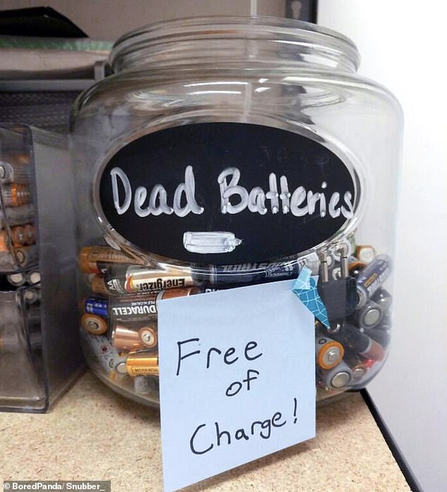 One worker responded to a jar of “dead batteries” on a table with a witty note that said “free!”