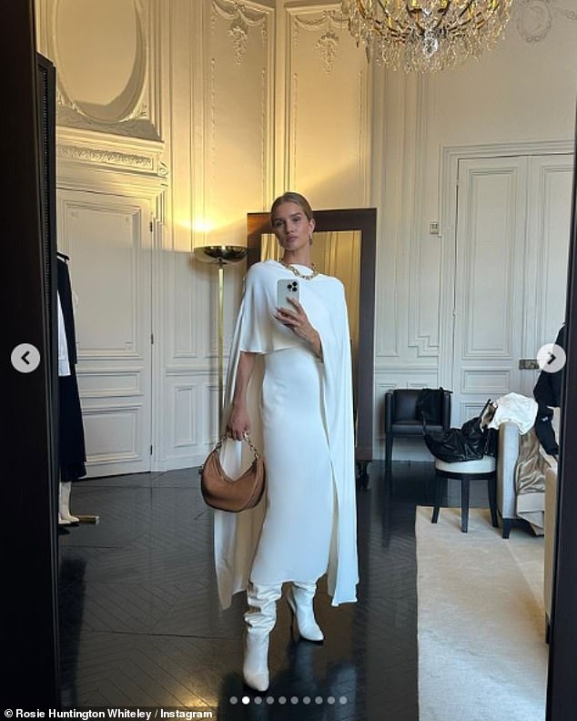 Timeless: She also posted a series of photos of her getting ready for the Valentino Womenswear spring/summer show, looking the epitome of chic in a flowing cream cape, teamed with a matching maxi skirt