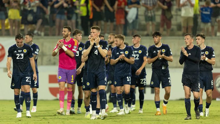 LARNACA, CYPRUS - SEPTEMBER 08: Scottish players cheer on the fans at full-time during a UEFA Euro 2024 qualifier match between Cyprus and Scotland at the AEK Arena, on September 8, 2023, in Larnaca, Cyprus.  (Photo by Craig Foy / SNS Group)