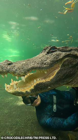 Chris underwater with Casper at the outpost