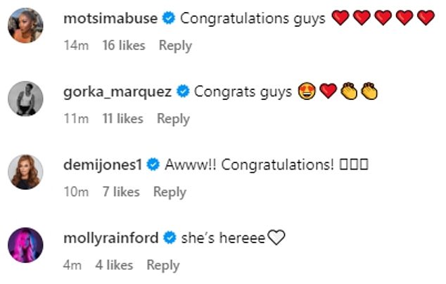 Sweet: Their Love Island and Strictly Come Dancing friends rushed to congratulate the new parents with a series of heartfelt comments