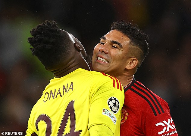 Andre Onana gave the ball away, which led to teammate Casemiro (right) being sent off for a second yellow card against Galatasaray