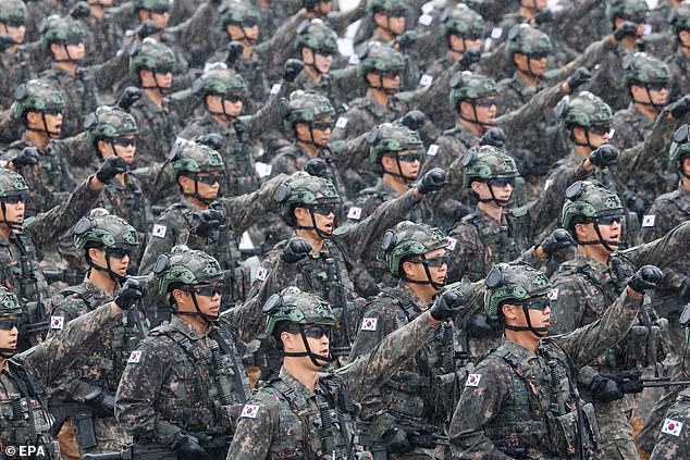 South Korean troops march during a celebration marking the 75th anniversary of Korea Armed Forces Day in Seongnam, South Korea, September 26, 2023