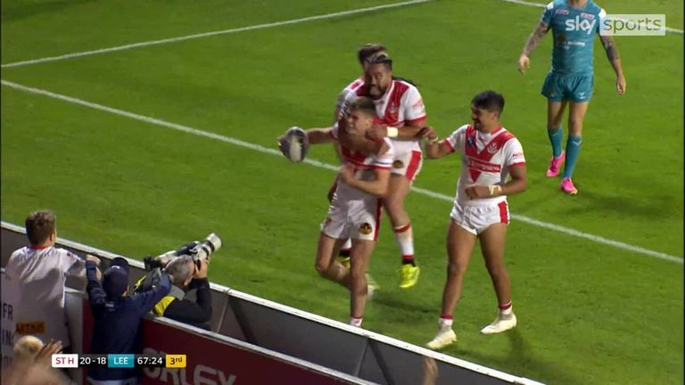 Jack Welsby scores his second try for St Helens in the match against Leeds