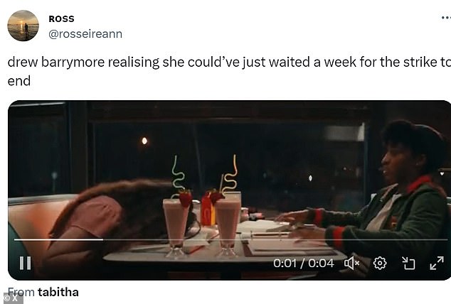 Humorous: Someone else shared a video of a woman hitting her head on a table and joked: 'Drew Barrymore realized she could have just waited a week for the strike to end'