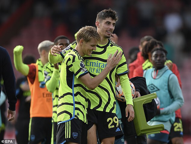 Kai Havertz (R) scored his first goal for Arsenal in their recent 4-0 win over Bournemouth