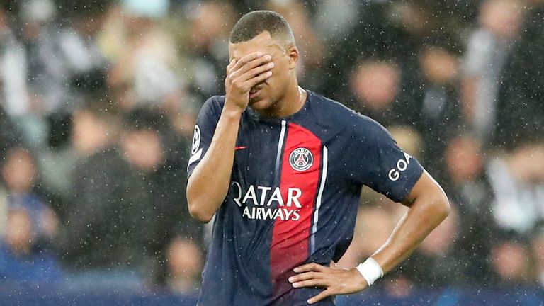 PSG's Kylian Mbappe reacts as his side were humiliated at Newcastle