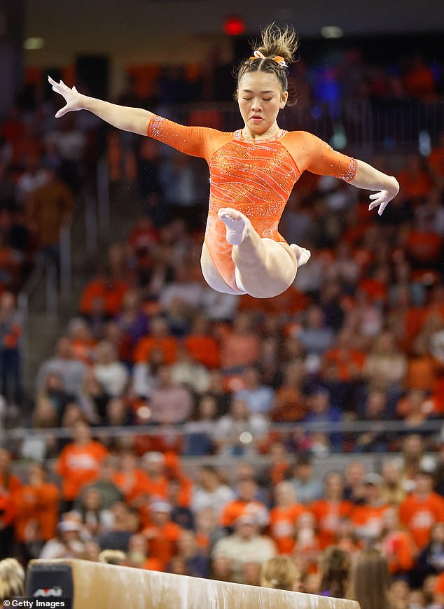 Lee went on to compete with Auburn University (pictured in February), but her NCAA gymnastics career ended abruptly earlier this year due to her health.