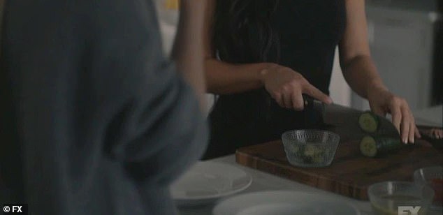 Cut: Kim's character Siobhan easily slices a cucumber in a kitchen scene with Emma Roberts