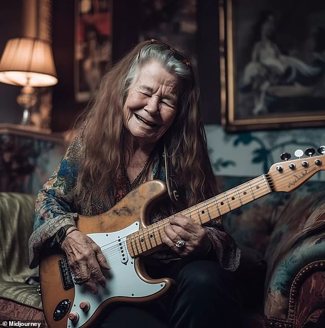 An AI image of Janis Joplin.  If she were alive today, she would be 80 years old