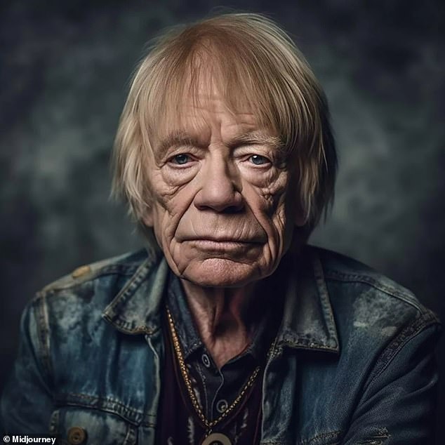 Another photo shows the rocker wearing a denim jacket and aged features