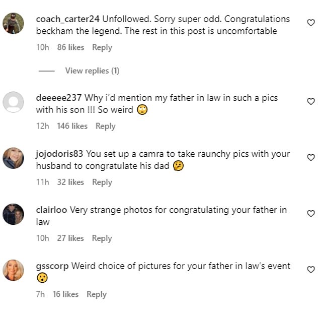 Strange: Brooklyn quickly responded, posting: “My everything xx.”  Still other commenters were unimpressed with the post and accused Nicola of narcissism over the slew of photos