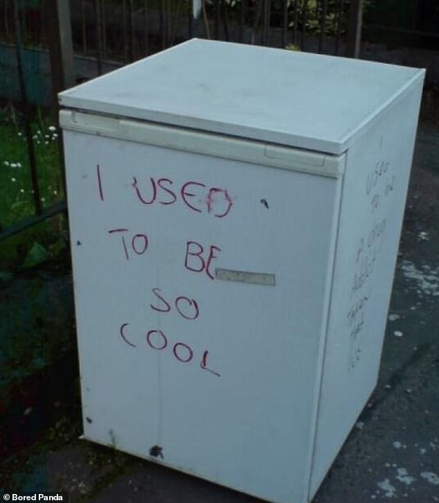 Too True!  Some scribbled “I used to be cool” on an old refrigerator left on the street