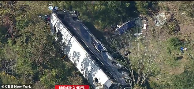 Two people were killed after the bus left the busy road about 75 miles (120 kilometers) northwest of New York City and plunged down an embankment before coming to rest on its side in the woods.