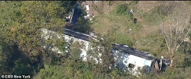 The tumbling bus crushed trees and shrubs as it fell down the slope